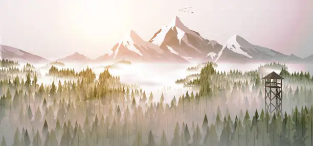 Vector illustration of Pine forest and watchtower panorama