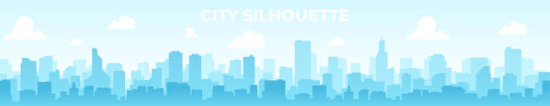 Seamless silhouette of the city. Cityscape with buildings. Simple blue background. Urban landscape. Beautiful template. Modern city with layers. Flat style vector illustration. Seamless silhouette of the city. Cityscape with buildings. Simple blue background. Urban landscape. Beautiful template. Modern city with layers. Flat style vector illustration. urban skyline illustrations stock illustrations