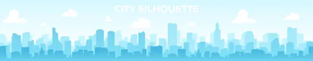 Vector illustration of Seamless silhouette of the city. Cityscape with buildings. Simple blue background. Urban landscape. Beautiful template. Modern city with layers. Flat style vector illustration.