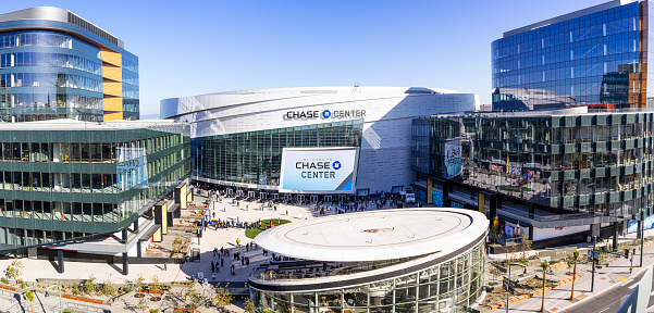 Nov 2, 2019 San Francisco / CA / USA - High angle view of the newly opened Chase Center arena and the new UBER headquarters in the Mission Bay District