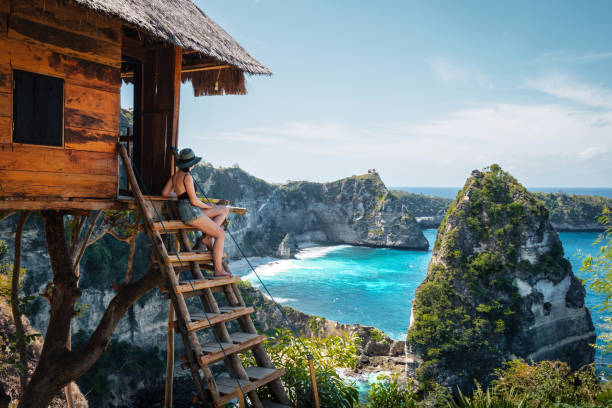 Bali, Indonesia, Traveler on Tree House at Diamond Beach in Nusa Penida Island Bali, Indonesia, traveler on tree house at Diamond Beach in Nusa Penida Island. hut stock pictures, royalty-free photos & images