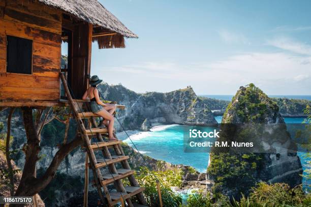 Bali Indonesia Traveler On Tree House At Diamond Beach In Nusa Penida Island Stock Photo - Download Image Now
