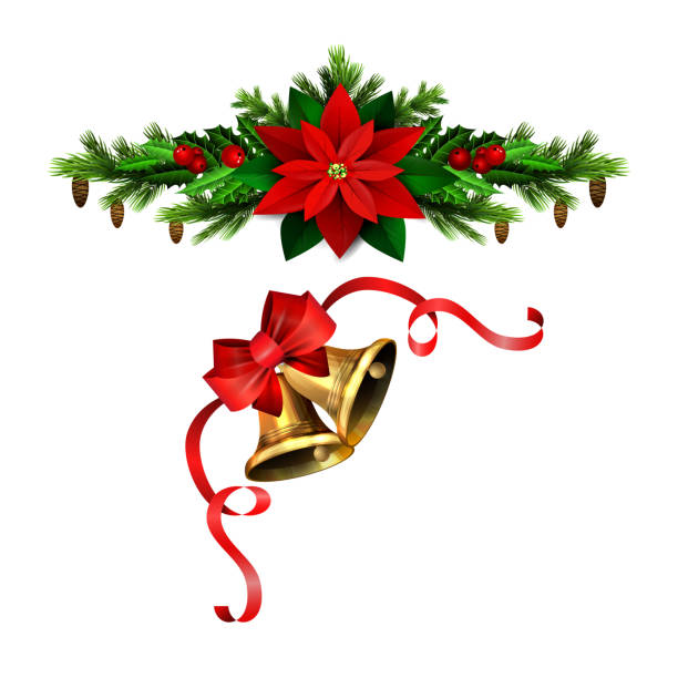 istock Christmas decorations with fir tree golden jingle bells 1186176402