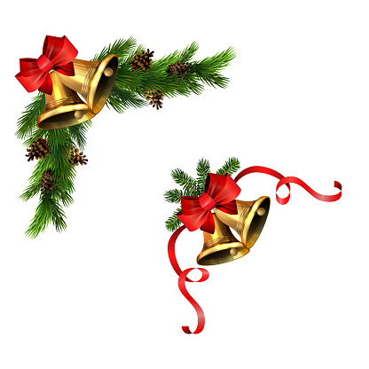 Christmas corner decorations set for your designs vectorChristmas decorations set with fir tree golden jingle bells and decorative elements. Vector illustration