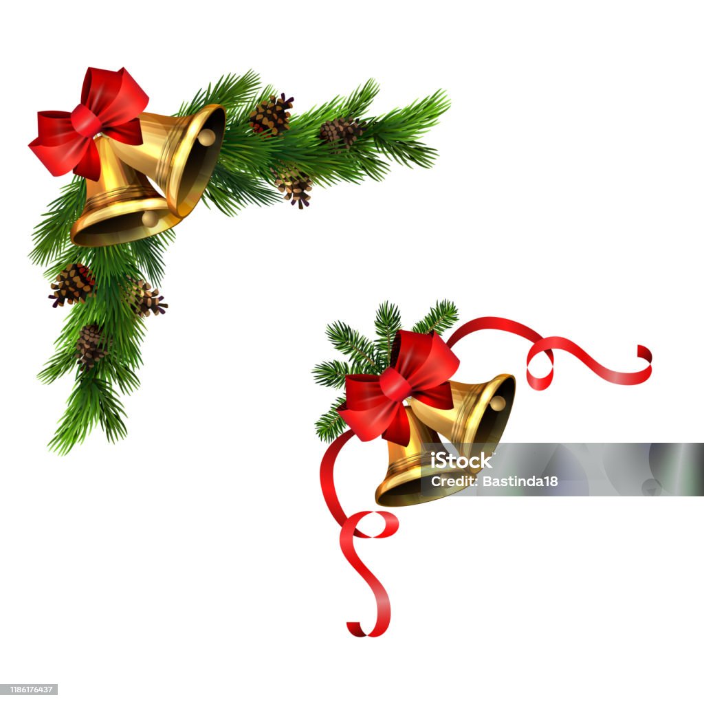 Christmas Decorations With Fir Tree Golden Jingle Bells Stock ...
