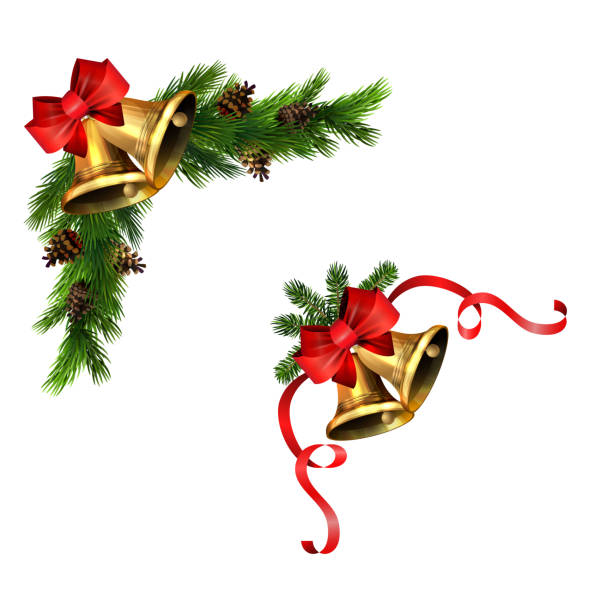 Christmas decorations with fir tree golden jingle bells Christmas corner decorations set for your designs vectorChristmas decorations set with fir tree golden jingle bells and decorative elements. Vector illustration bell stock illustrations