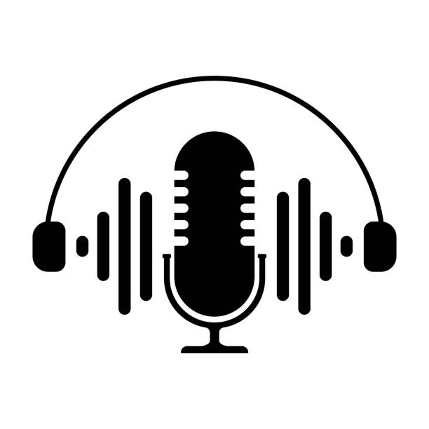 illustrazioni stock, clip art, cartoni animati e icone di tendenza di illustrazione dell'icona della radio podcast. microfono da tavolo da studio con podcast di testo broadcast. logo del concetto di registrazione audio webcast. - microphone stage music popular music concert