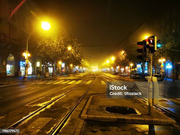 Budapest Boulevard And Tramway At Night Stock Photo - Download Image Now - Budapest, City Street, Night