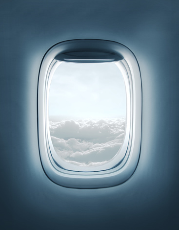 High resolution open aircraft's airplane window with clouds view. 3d rendering