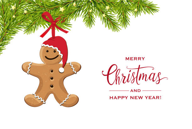 Christmas card with fir branches, golden stars and gingerbread man, Vector illustration isolated on white background Christmas card with fir branches, golden stars and gingerbread man,
Vector illustration isolated on white background gingerbread man stock illustrations