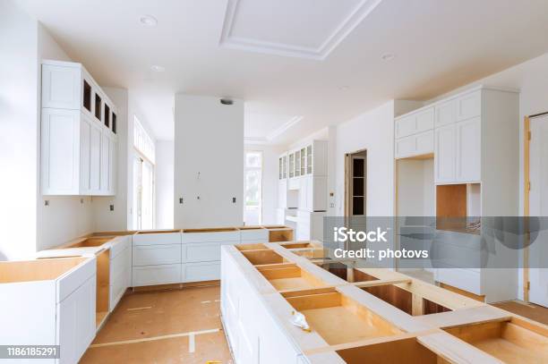 Custom Kitchen In Various Of Installation Base Cabinets Stock Photo - Download Image Now