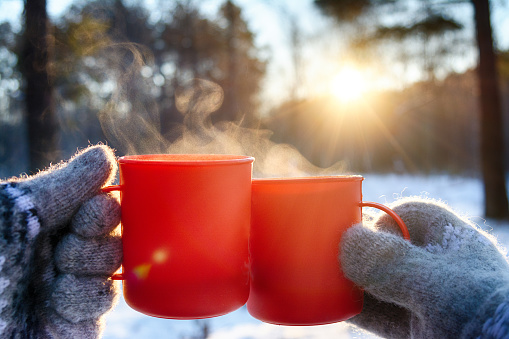 young man and young woman in knitted wool mittens with mugs of hot drink on sunny frosty day on forest background