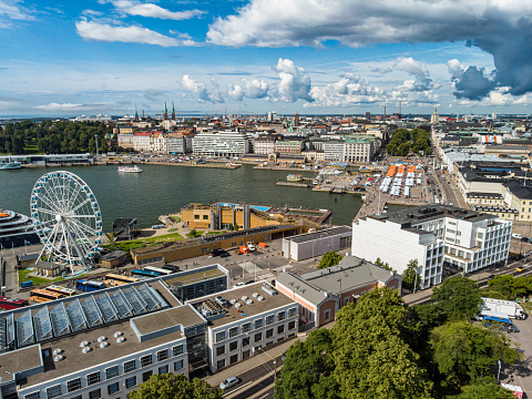 July 2019. Aerial view of Katajanokka neighborhood with Kaartinkaupunki as nackground in central Helsinki, Finland.