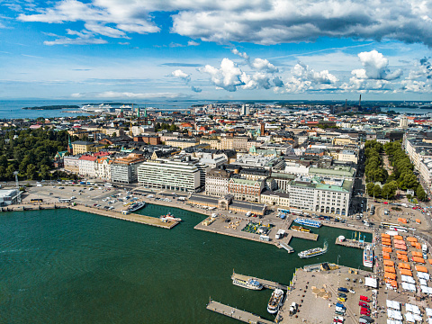 July 2019. Aerial view of Kaartinkaupunki neighborhood from Katajanokka island in central Helsinki, Finland.