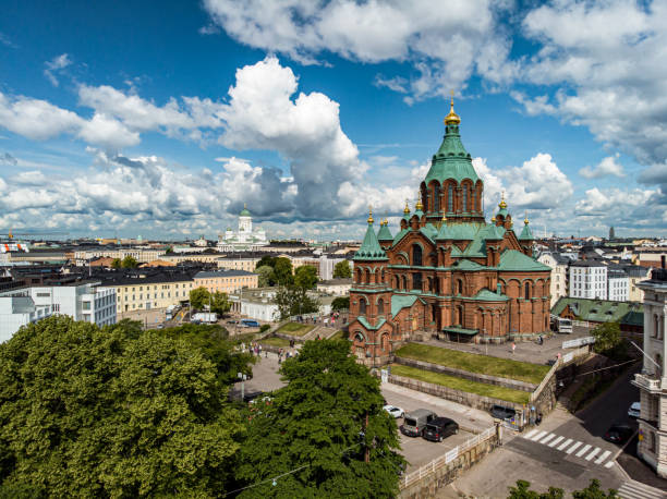 Aerial view of Uspenski Cathedral in the neighborhood of Katajanokka in Helsinki, Finland