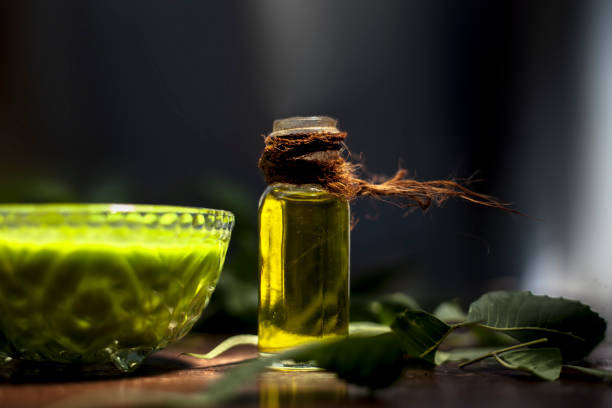 haarmittel von allzweck-ayurveda-heilkraut, d.h. neem oder nim oder indischer flieder in einer glasschüssel zusammen mit neem-blättern, süßwasser- & teebaumöl für schuppen oder haarhaut juckreiz probleme. - azadirachta indica stock-fotos und bilder