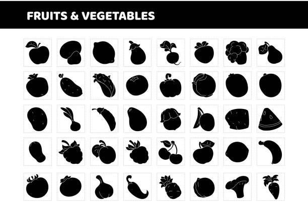 Fruits and vegetables flat icon set. Solid black silhouette. vector flat icons fruit silhouettes stock illustrations