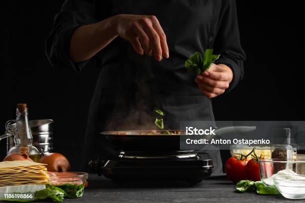 Cooking By A Chef Italian Lasagna Frying A Dressing In A Frying Pan And Sprinkling With Basil Freezing In Motion Cooking Homemade Recipe Book Delicious And Healthy Food Stock Photo - Download Image Now