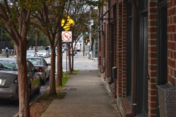 istock Sidewalk with trees and a brick building before street intersection 1186199641