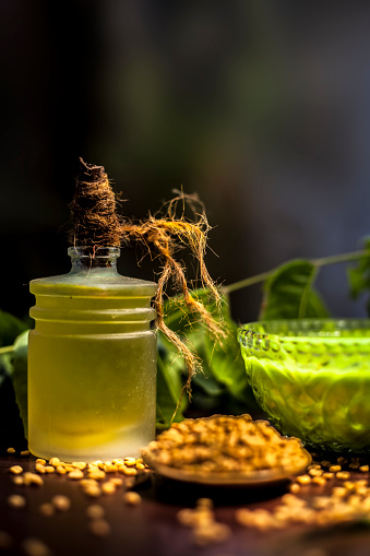 All scalp related problems solution lotion or shampoo in a glass bowl consisting of some neem leaves, fenugreek seeds and olive oil. Shot of fresh leaves of Neem tree,fenugreek seeds,pack,& olive oil.