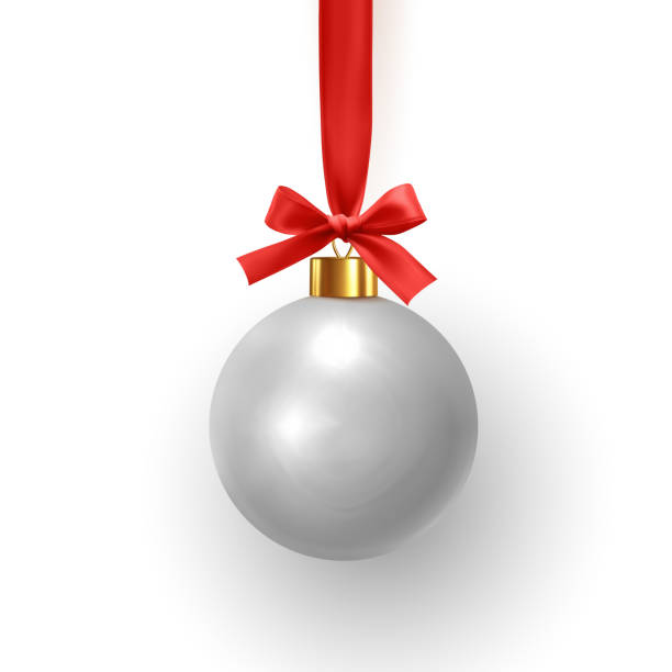 istock Christmas ball hang on ribbon. Xmas bauble decorations. New Year ornaments 1186202176