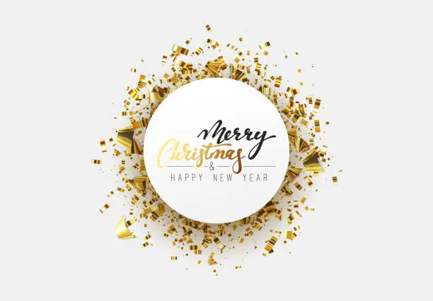 Vector illustration of Merry Christmas background with golden confetti, calligraphic lettering text.