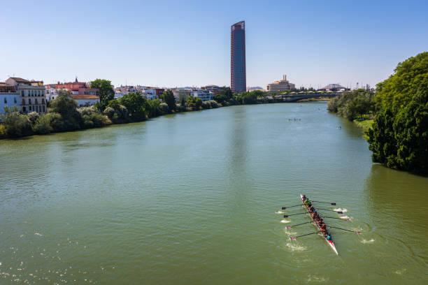 экипаж гребли череп вниз гуадалкивир реки в севилье, испания - train spain seville europe стоковые фото и изображения