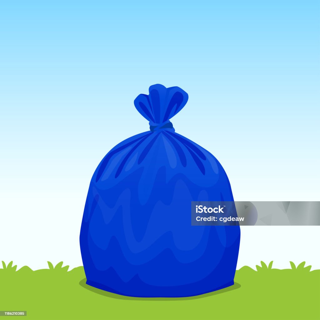 Blue Bag Plastic Garbage On Grass Sky Background Bin Bag Garbage