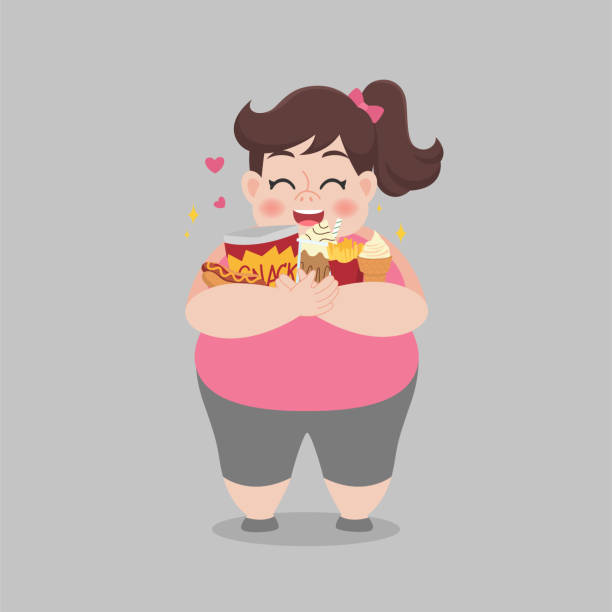 big fat happy wanita menikmati makan junk food konsep kesehatan - big size woman asian ilustrasi stok