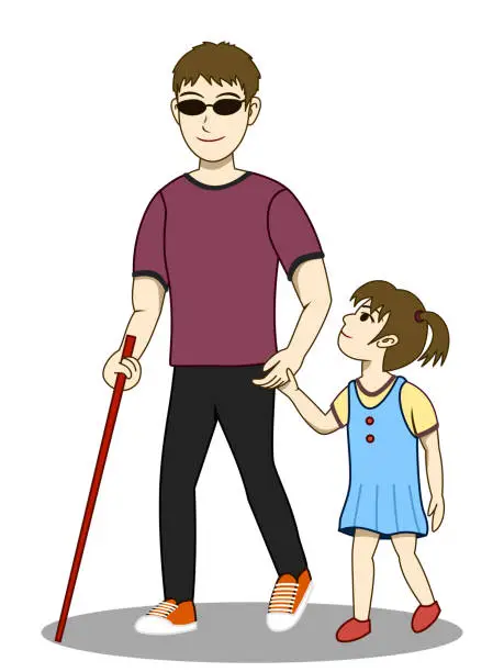 Vector illustration of Vector illustration of Blind man and his daughter are walking together. His daughter take care and guide him. Both look happy. It's a lovely family image.