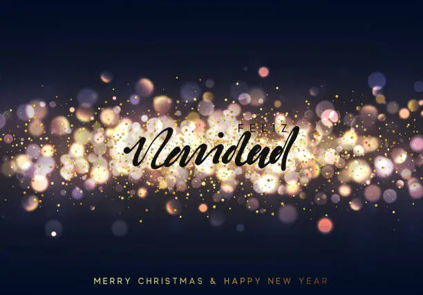 Vector illustration of Spanish Feliz Navidad. Christmas background with golden lights bokeh.