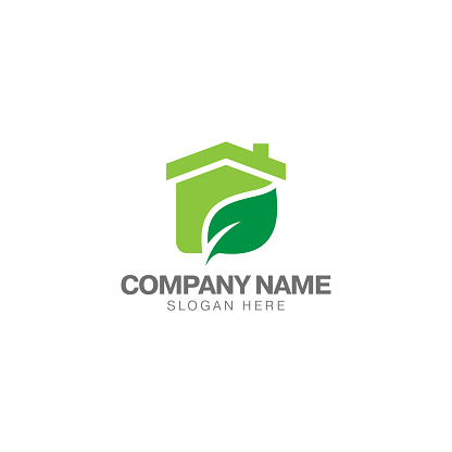 Green house logo, home and green leaf vector design template