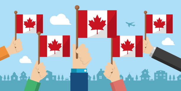 istock People holding the national flag in hand , vector banner illustration / Canada 1186216599