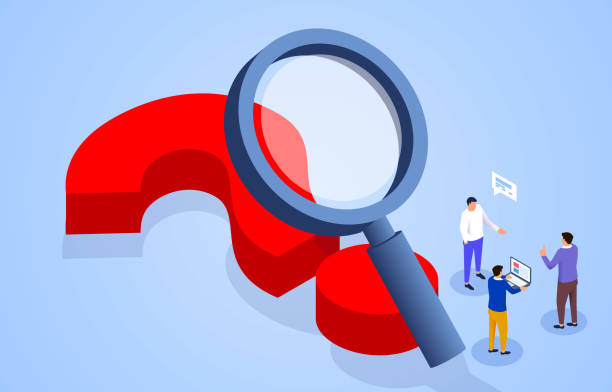 Businessman standing on magnifying glass observing huge question mark Businessman standing on magnifying glass observing huge question mark isometric question mark stock illustrations