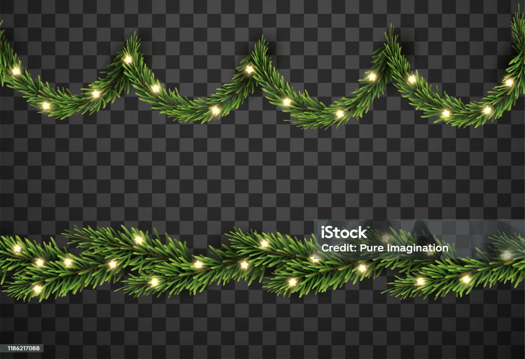 Kerstboom decor met FIR takken en ster op transparante achtergrond, vector illustratie - Royalty-free Bloemenkrans vectorkunst