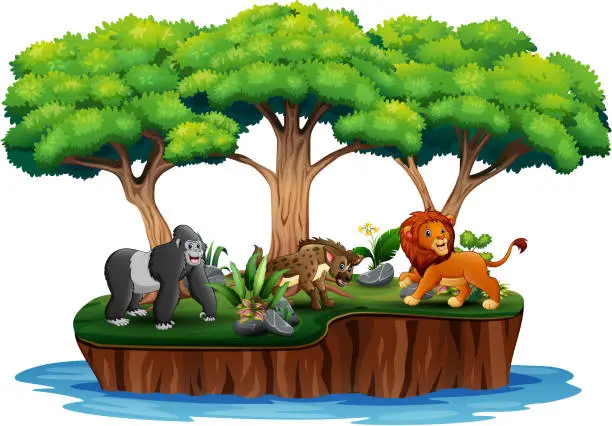 Vector illustration of Cartoon nature island with wild animals