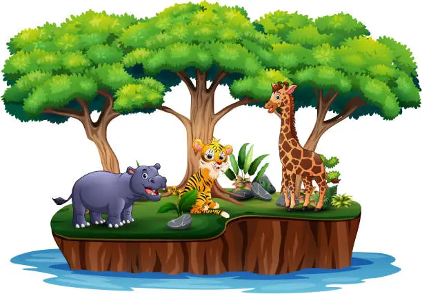 Vector illustration of Cartoon tropical island with many animals