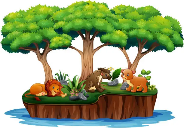 Vector illustration of Cartoon nature island with wild animals
