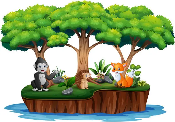 Vector illustration of Cartoon tropical island with many animals