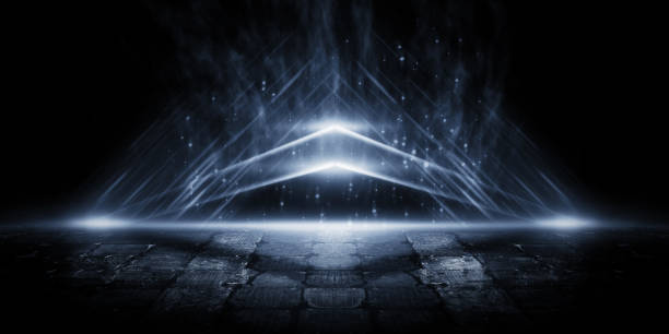 3D Rendering Abstract glowing triangular dome and dark streets, reflections of neon lights on wet asphalt Ray of light in the dark The night view of the city road
