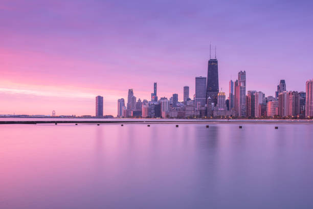 istock Chicago skyline at sunrise viewed from North Avenue Beach 1186219054