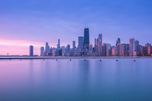 istock Chicago skyline at sunrise viewed from North Avenue Beach 1186219459