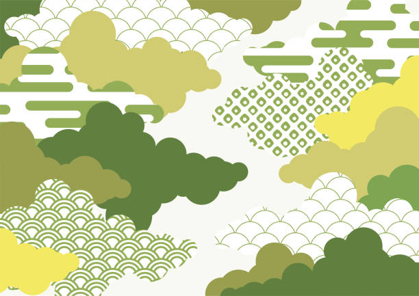 illustrations, cliparts, dessins animés et icônes de illustration de fond de nuage avec le modèle japonais haze seigaiha kanoko ouverture - vêtement traditionnel