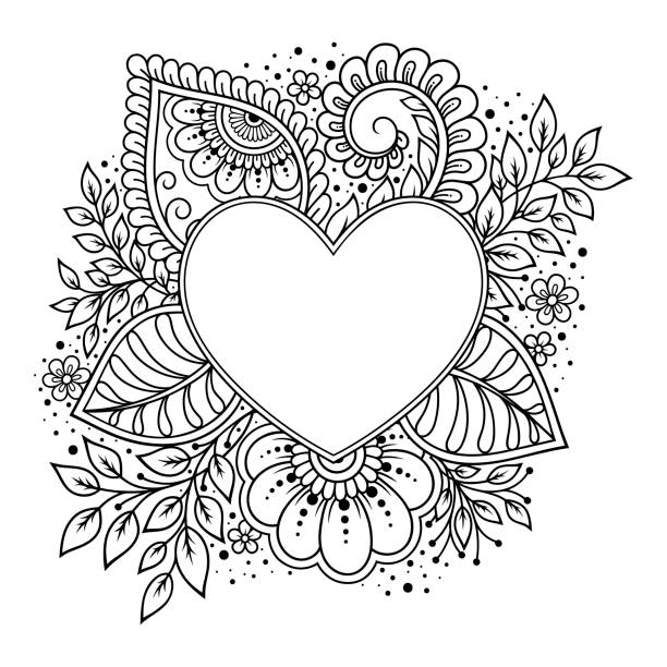 Decorative frame with floral pattern in forn of heart in mehndi style. Antistress coloring book page. Doodle ornament in black and white. Outline hand draw vector illustration. Decorative frame with floral pattern in forn of heart in mehndi style. Antistress coloring book page. Doodle ornament in black and white. Outline hand draw vector illustration. mandala stock illustrations