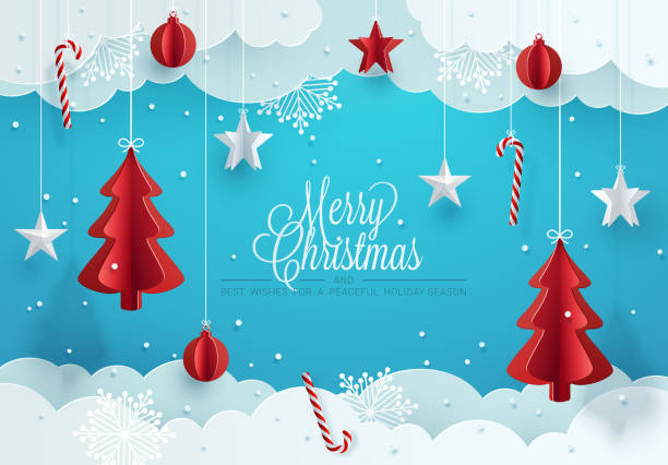 Christmas greeting card design. Paper decoration and clouds against blue background. Vector Illustration typescript illustrations stock illustrations