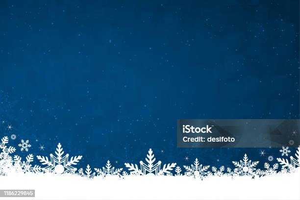 어두운 파란색 수평 크리스마스 배경 벡터 일러스트의 하단에 흰색 색눈과 눈송이 배경-주제에 대한 스톡 벡터 아트 및 기타 이미지 - 배경-주제, 눈-냉동상태의 물, 겨울