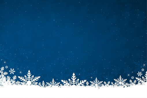 White colored snow and snowflakes at the bottom of a navy blue colored horizontal background vector illustration. Can be used as Xmas , New Year's eve, New Year day background, wallpaper, gift wrapping sheet. Small glitter like or glittery dots shining here and there.
