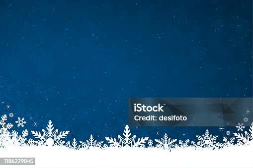 istock White colored snow and snowflakes at the bottom of a dark blue horizontal Christmas background vector illustration 1186229845