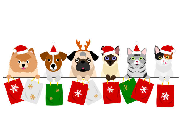 illustrations, cliparts, dessins animés et icônes de chats et chiens avec des sacs à provisions de noel dans une rangée - santa dog