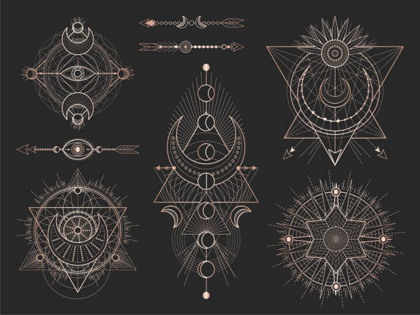 Vector set of Sacred geometric symbols and figures on black background. Abstract mystic signs collection. Vector set of Sacred geometric symbols and figures on black background. Abstract mystic signs collection. Gold linear shapes. For you design or magic craft. ceremonial dancing stock illustrations